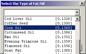 screen shot of the oil selection dialog